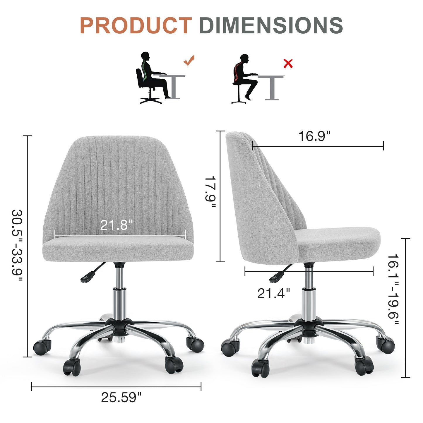 Modern Armless Fabric Swivel Office Chair with Wheels - Multiple Colors