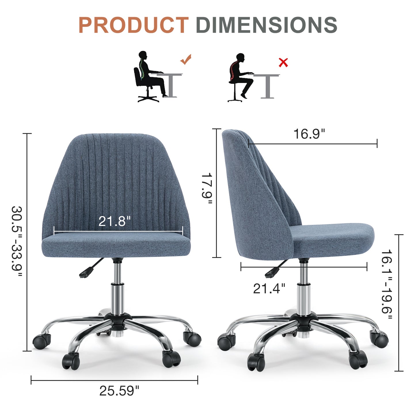 Modern Armless Fabric Swivel Office Chair with Wheels - Multiple Colors