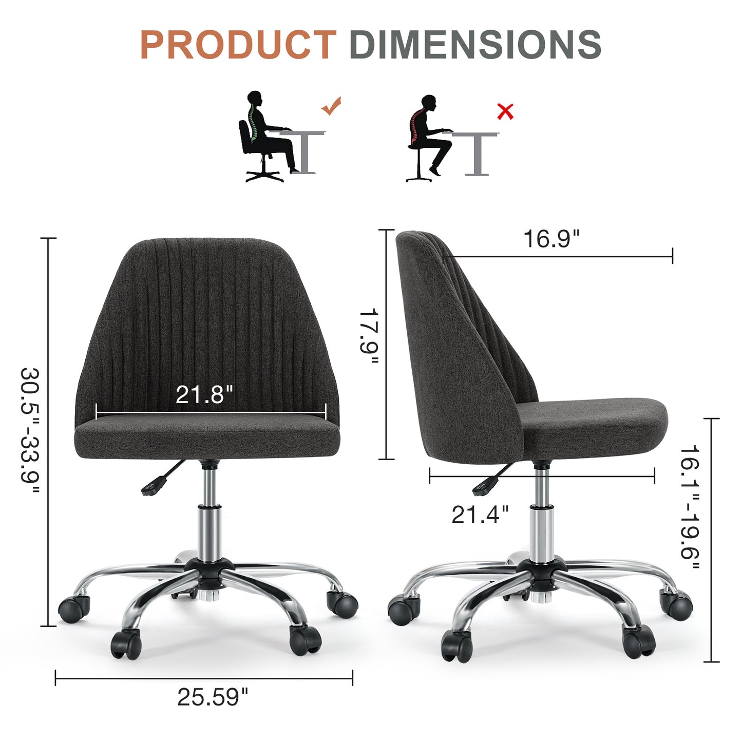 Modern Armless Fabric Swivel Office Chair with Wheels - Multiple Colors