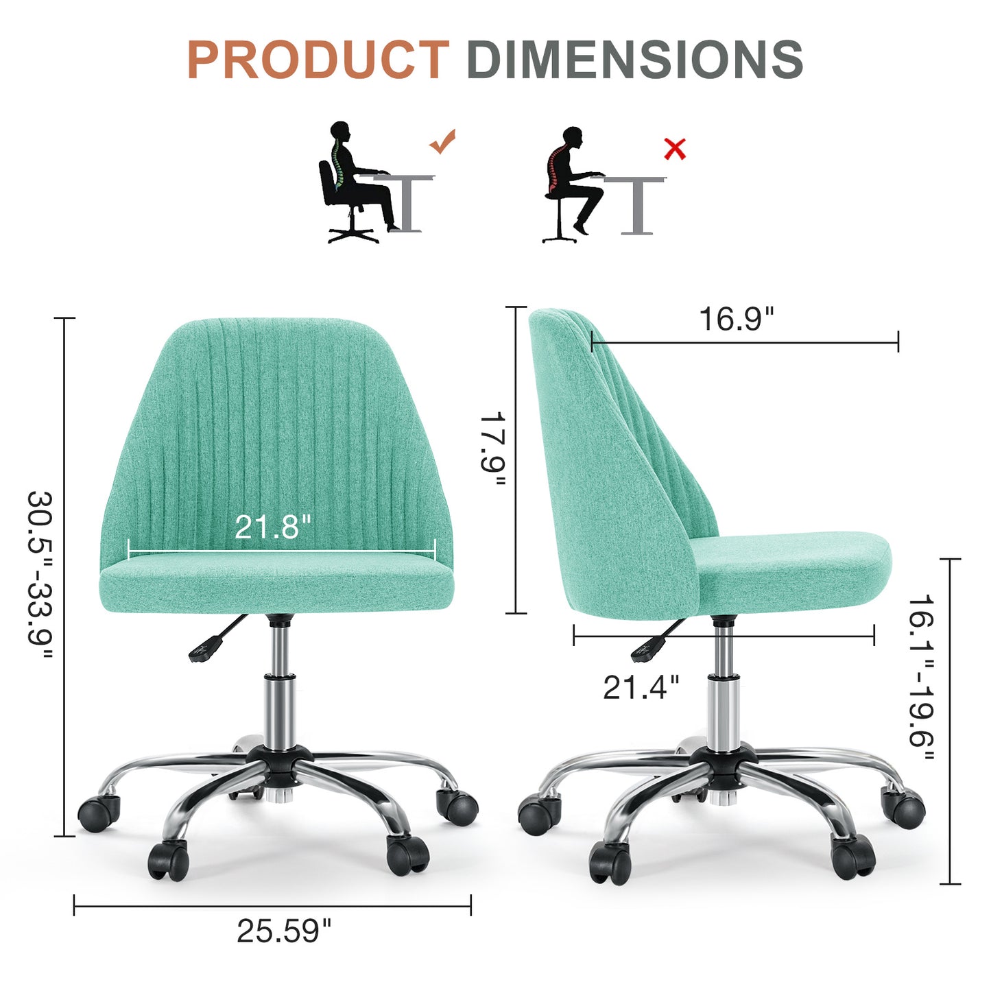 Modern Armless Fabric Swivel Office Chair with Wheels - Multiple Colors