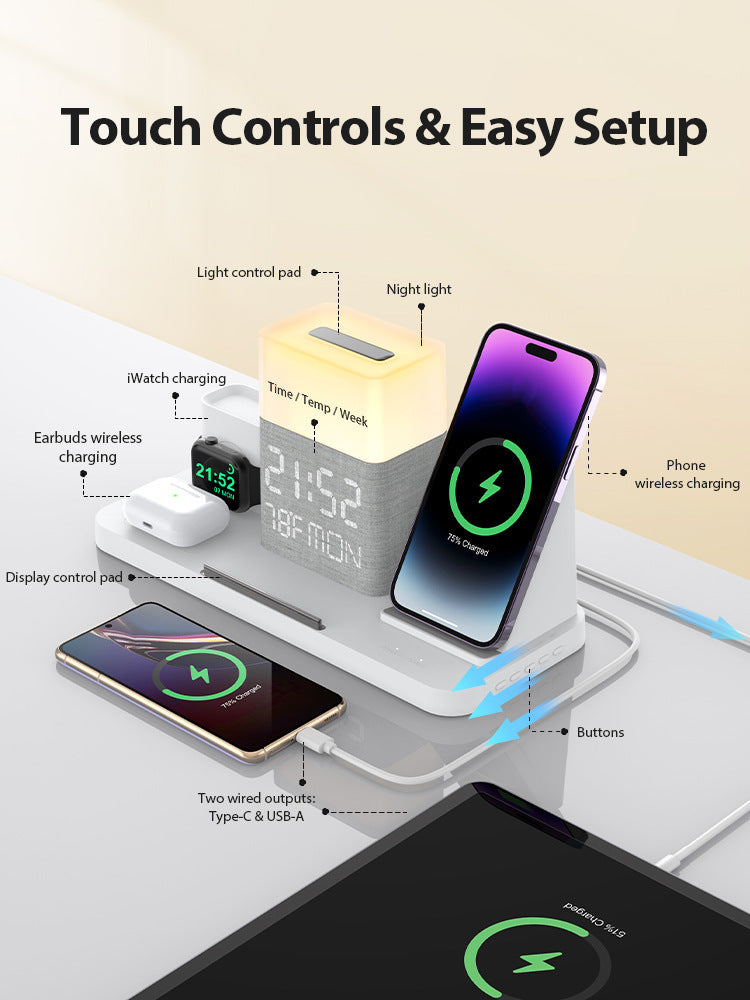 6-in-1 Wireless Charging Set Touch Night Light Mobile Phone Bluetooth Synchronization Time