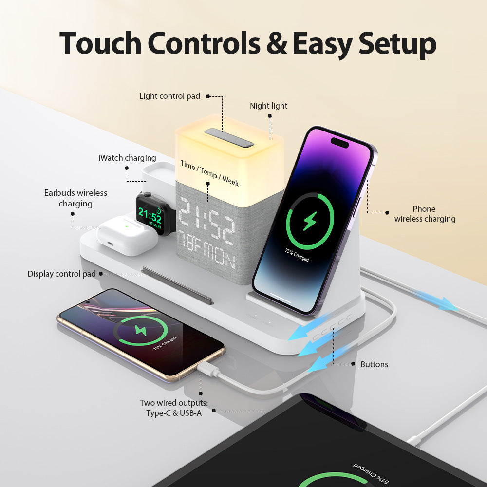 6-in-1 Wireless Charging Set Touch Night Light Mobile Phone Bluetooth Synchronization Time